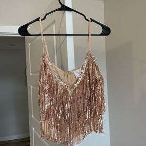 Francesca's Collections Sequin Fringe Top in Rose Gold